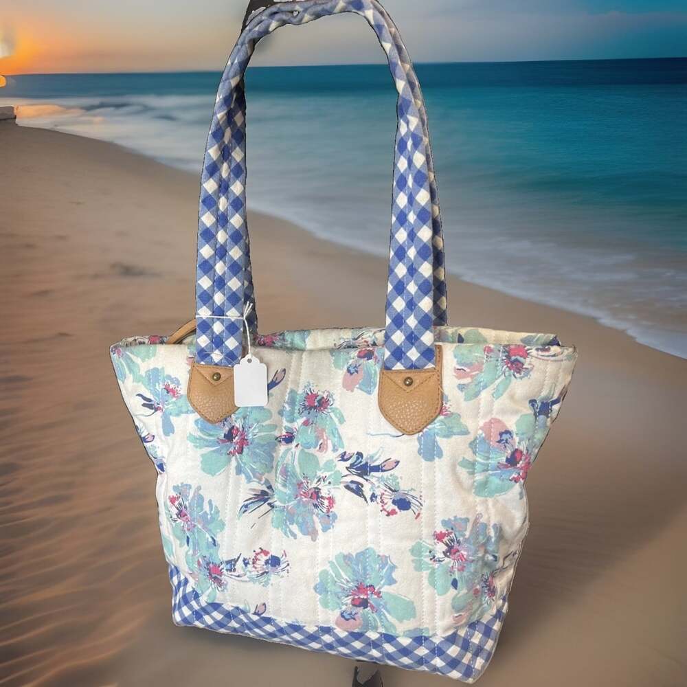 Pioneer Woman Aubrey Quilted Print Tote Gingham Floral Shopper Shoulder Tote Bag